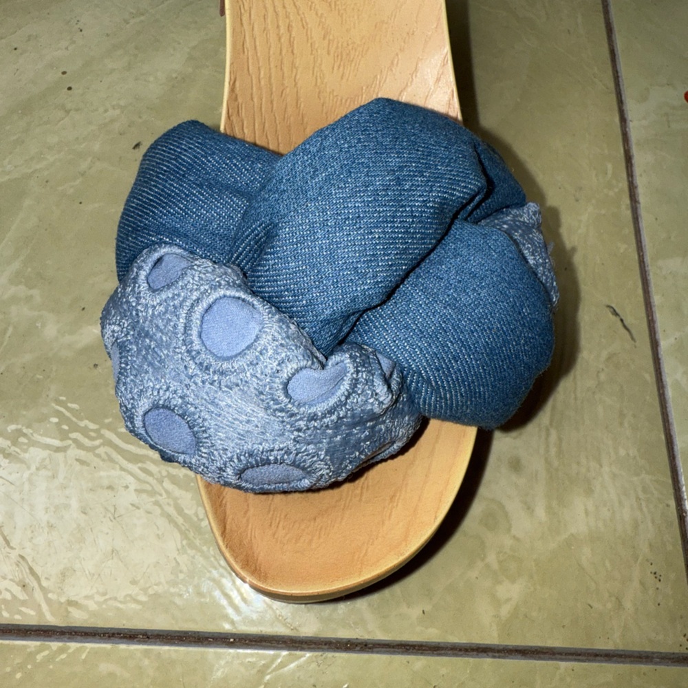 Sam & Libby Denim Knot Platform Clog Sandals Wood Heel Boho Size 8.5 Retro - Picture 10 of 12